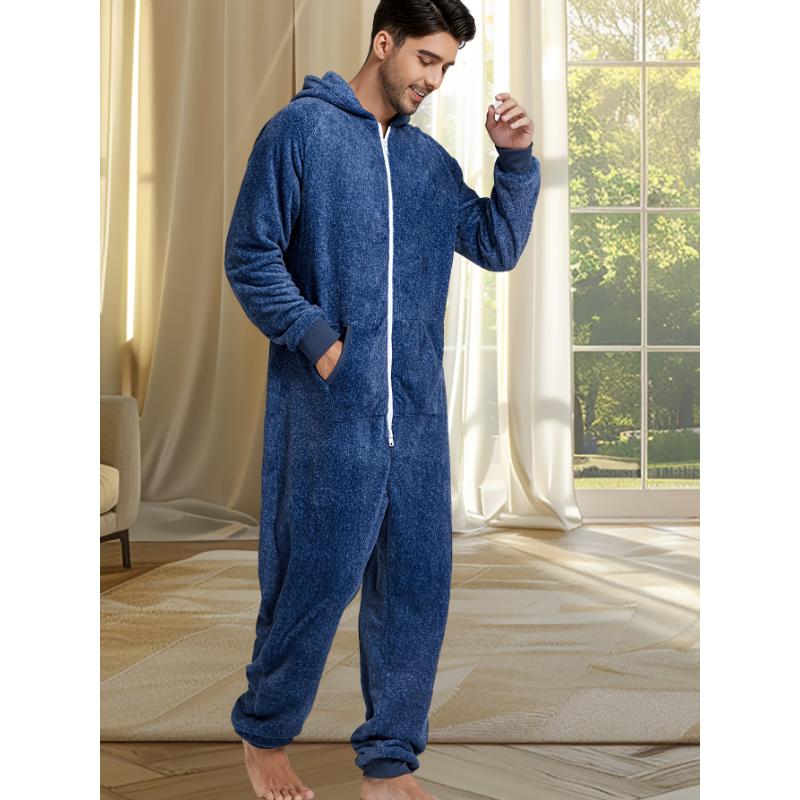 Men's Cozy Fleece-Lined Hooded Zip-Up Onesie Pajamas - Casual, Machine Washable, Solid Color Sleepwear Loungewear Menswear