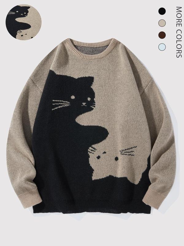 Men's Cartoon Cat Print Round Neck Sweater, Regular Fit Casual Long Sleeve Crew Neck Jumper for Fall & Winter, Fashion Men's Knitwear for Daily Wear