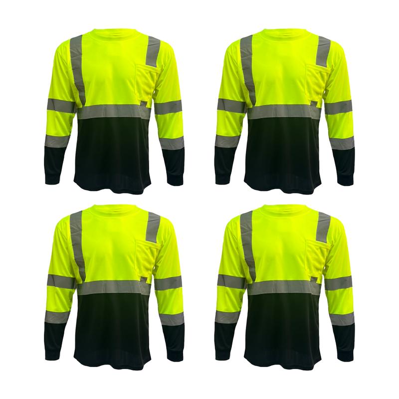 4 PACK - Class 3 High Visibility Two Tone Long Sleeve Safety Shirt Available in Yellow, Orange or Blue with Black Bottom Half