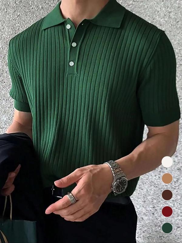 Men's Regular Fit Solid Short Sleeve Knit Polo Shirt, Summer Outfits, Casual Plain Streetwear Business Button Front Half Placket Ribbed Knit Top for Summer, Menswear, Men's Knitwear for Daily Wear, Vintage Clothing, 80s Fashion