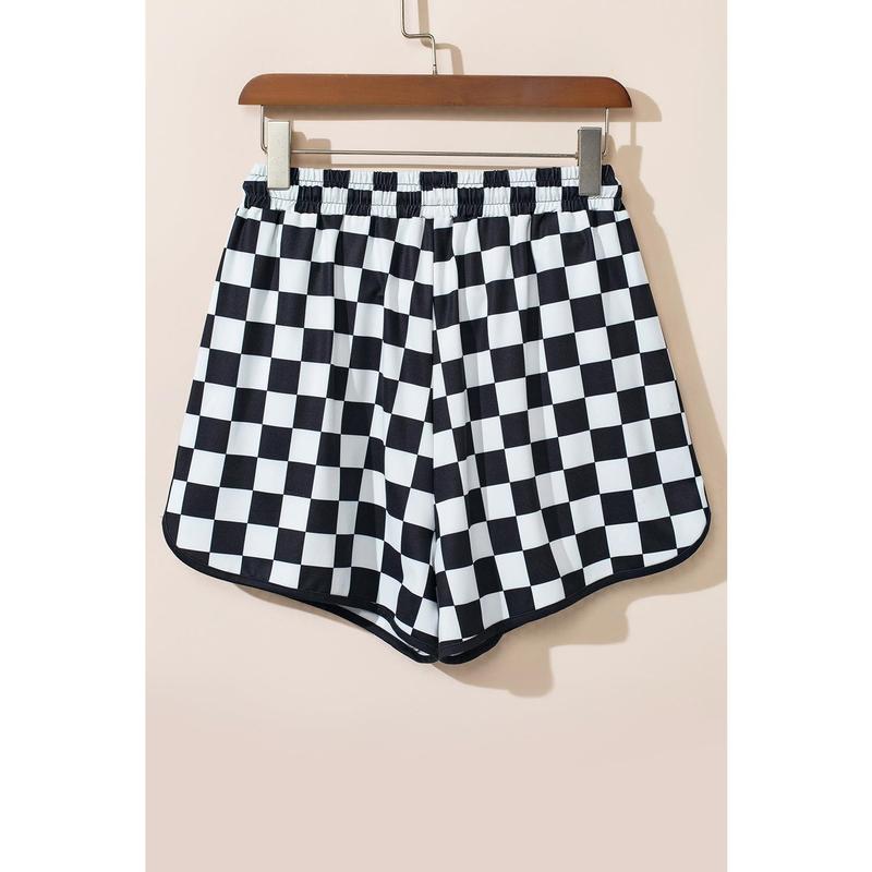 Black Checkered Drawstring Elastic Waist Casual Shorts