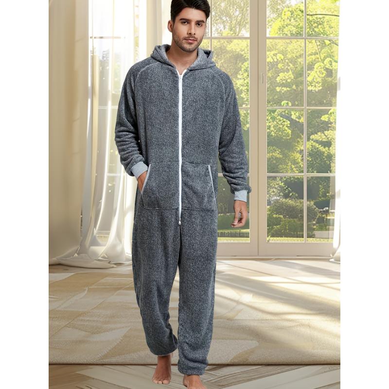 Men's Cozy Fleece-Lined Hooded Zip-Up Onesie Pajamas - Casual, Machine Washable, Solid Color Sleepwear Loungewear Menswear