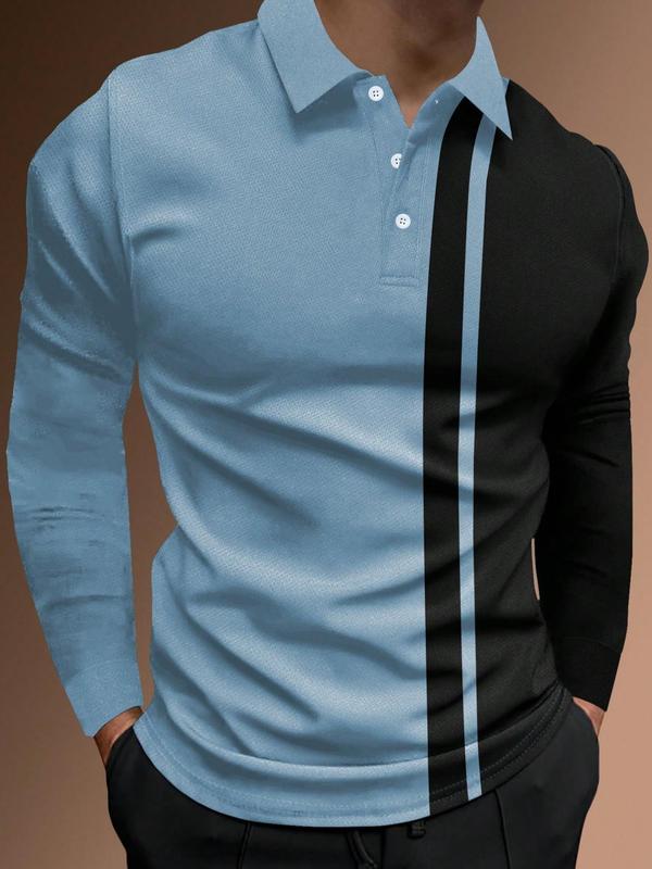 Men's Patchwork Print Half Button Polo Shirt, Regular Fit Casual Long Sleeve Collared Top, Polo Shirts Men, Fall Outfits, Back To School Outfits, Fall Going Out Tops, Men's Clothing, Polo Tees, Fashion Men's Clothes for Daily Wear