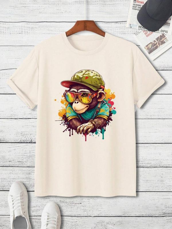 Men's Cartoon Monkey Print Drop Shoulder Tee, Regular Fit Casual Street Soft Comfy Round Neck Half Sleeve T-Shirt for Summer, Menswear for Daily Wear