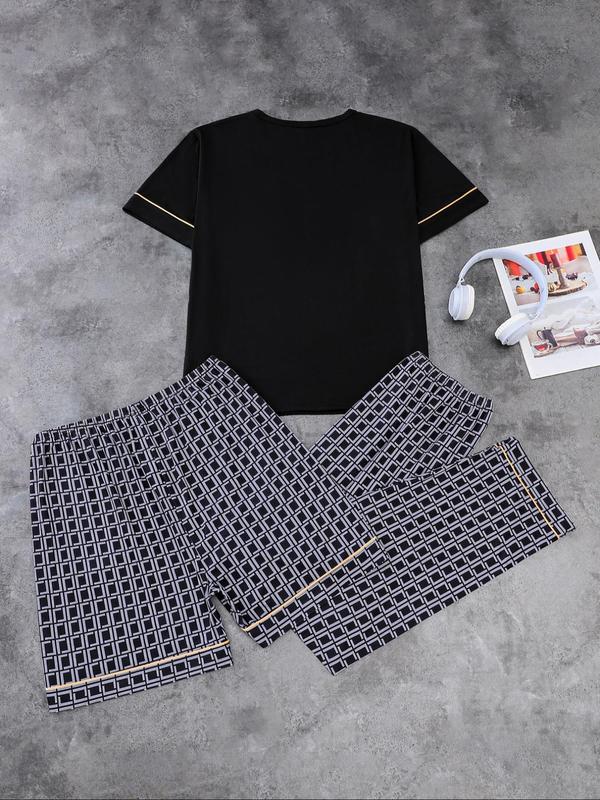 Men's Plaid Print Pocket Tee & Drawstring Waist Shorts & Pants Three-piece Set, Casual Comfy Round Neck Short Sleeve T-shirt & Shorts & Trousers Pj Set, Men's Sleepwear for All Seasons