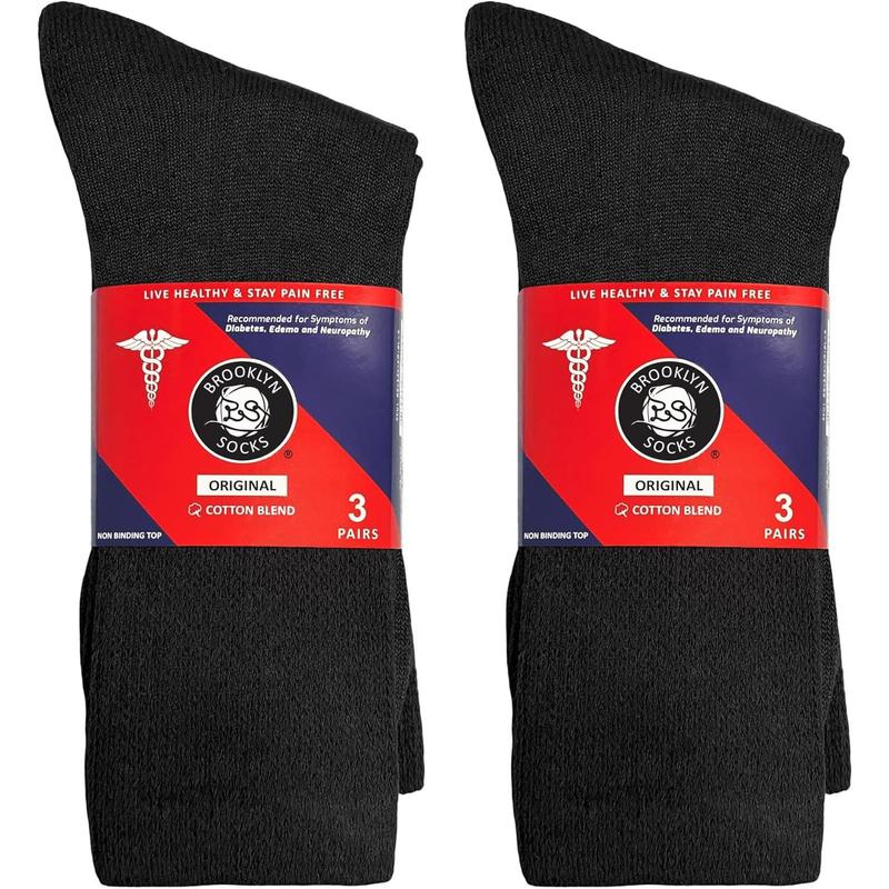 6 Pairs of Cotton Diabetic Non-Binding Neuropathy Crew Socks (Black, Fits Mens Shoe Size 9-12 Womens Shoe Size 10-13)