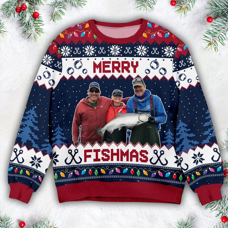 Merry Fishmas Gift For Fishing Lovers - Personalized Photo Ugly Sweater, Gift For Fishing Lovers, Fishing Ugly Sweater, Fisherman Gifts