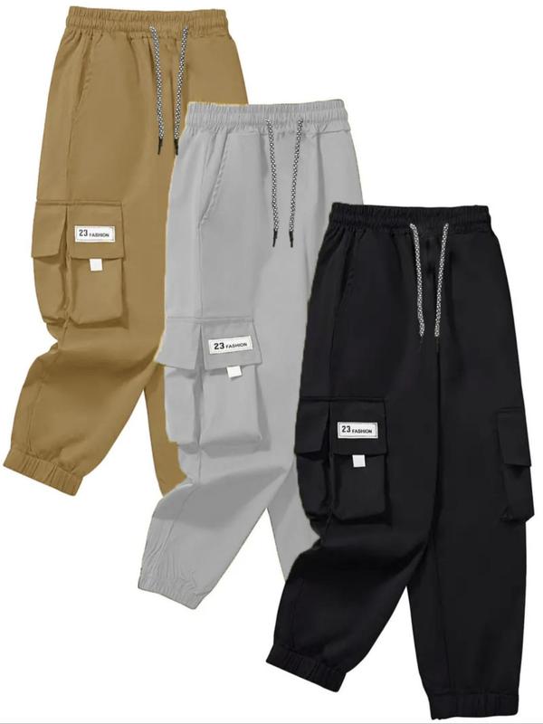  Plain Letter Patched Drawstring Waist Cargo Pants, Mens Pants, Casual Pocket Trousers for Daily Wear, Men's Bottoms for All Seasons