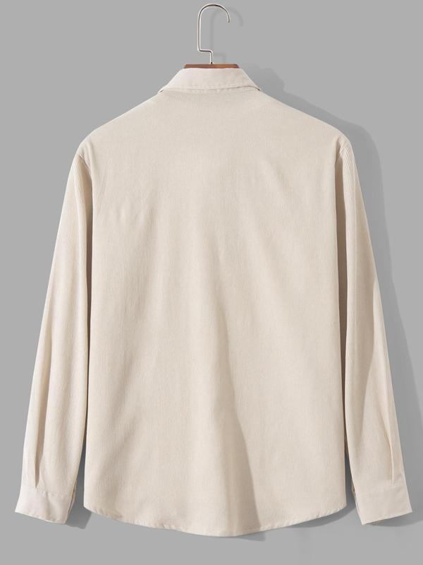 Men's Solid Button Front Pocket Corduroy Shirt, Regular Fit Casual Long Sleeve Collared Top for Fall & Winter, Men's Clothes for Daily Wear