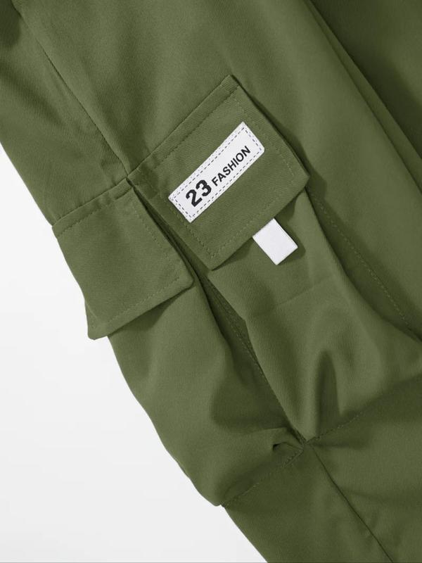  Plain Letter Patched Drawstring Waist Cargo Pants, Mens Pants, Casual Pocket Trousers for Daily Wear, Men's Bottoms for All Seasons