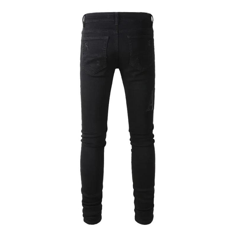 Ameri Men's High Street Skinny Denim Pants with Black Embroidery Letters - Fashion Repair Low Rise Trousers - Menswear, Underwear