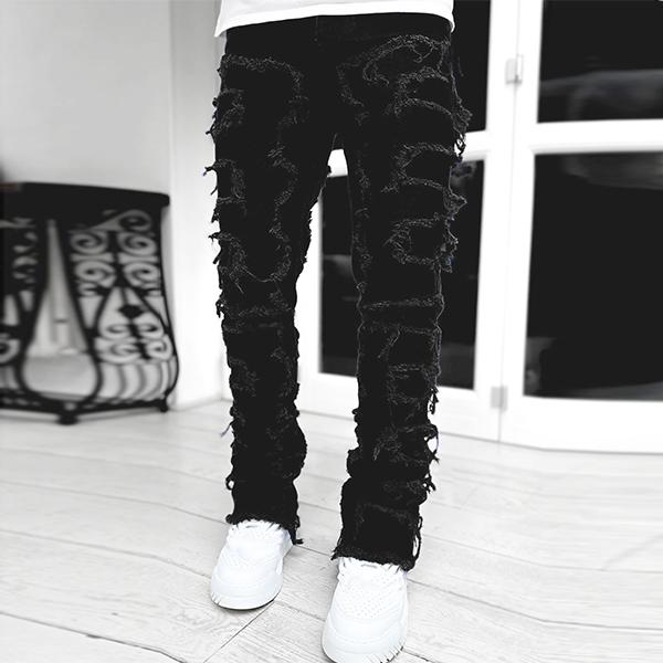 Mens Black Stacked Jeans Slim Fit Ripped Jeans Destroyed Straight Denim Pants Harajuku Hip Hop Trouser Streetwear