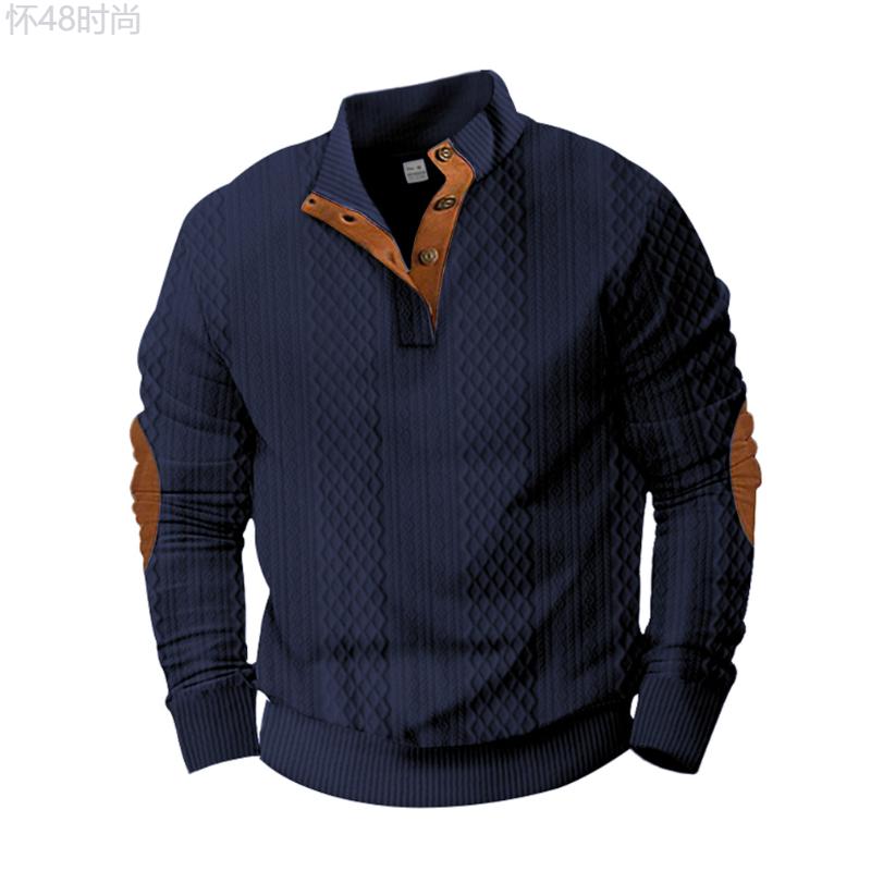 2024 New European And American Men's Casual Henry Stand-Up Collar Long Sleeve Jacquard Knitted Pullover Sweatshirt Fabric Knitwear