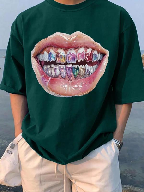 Men's Cartoon Smile Lip Print Drop Shoulder Tee, Regular Fit Casual Short Sleeve Round Neck T-shirt for Summer, Men's Top for Daily Wear