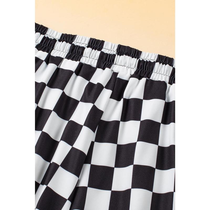 Black Checkered Drawstring Elastic Waist Casual Shorts