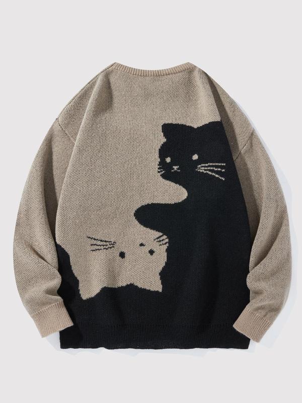 Men's Cartoon Cat Print Round Neck Sweater, Regular Fit Casual Long Sleeve Crew Neck Jumper for Fall & Winter, Fashion Men's Knitwear for Daily Wear