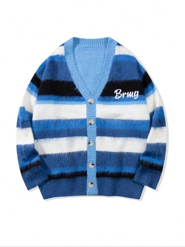 Men's Striped Print Button Front Cardigan, Loose Casual Drop Shoulder Long Sleeve Knitwear for Fall & Winter, Men's Knit Clothing for Daily Wear