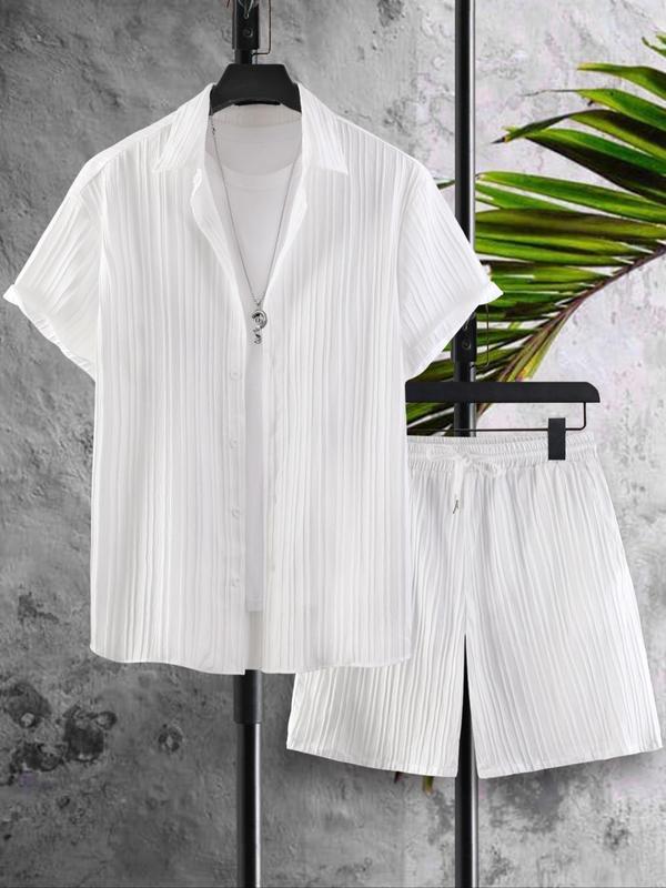 Two-Piece Set Men's 2 Pieces Plus Size Textured Button Front Shirt & Drawstring Waist Shorts Set, Casual Comfy Short Sleeve Collar Top & Shorts for Beach Vacation, Men's 2 Piece Set, Fashion Men's Clothes Set