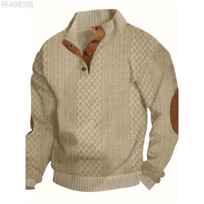 2024 New European And American Men's Casual Henry Stand-Up Collar Long Sleeve Jacquard Knitted Pullover Sweatshirt Fabric Knitwear