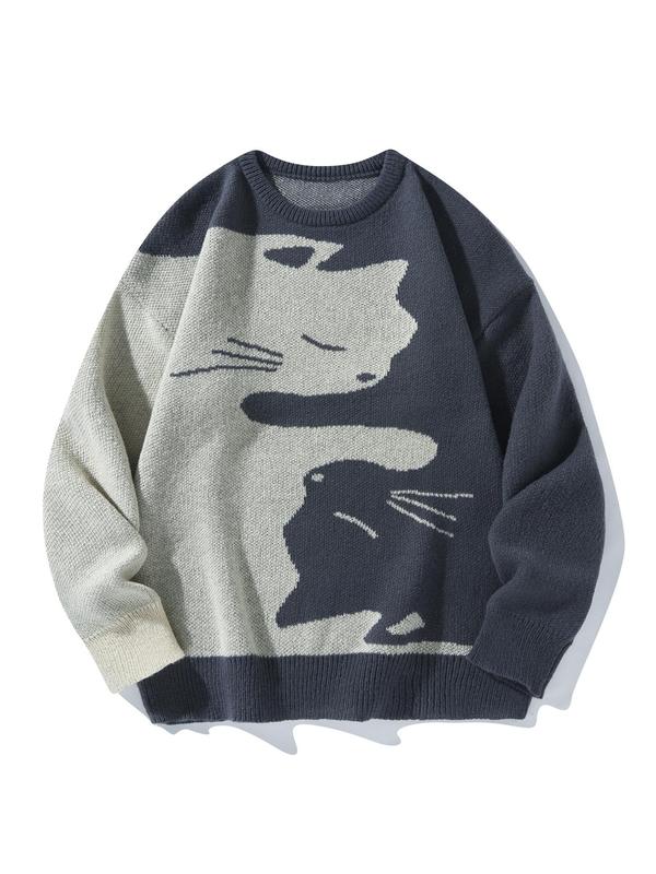 Men's Cartoon Cat Print Drop Shoulder Sweater, Regular Fit Casual Long Sleeve Round Neck Jumper for Fall & Winter, Fashion Men's Knitwear for Daily Wear, Fall Sweaters, Long Sleeve Tops, Winter Outfits 2024