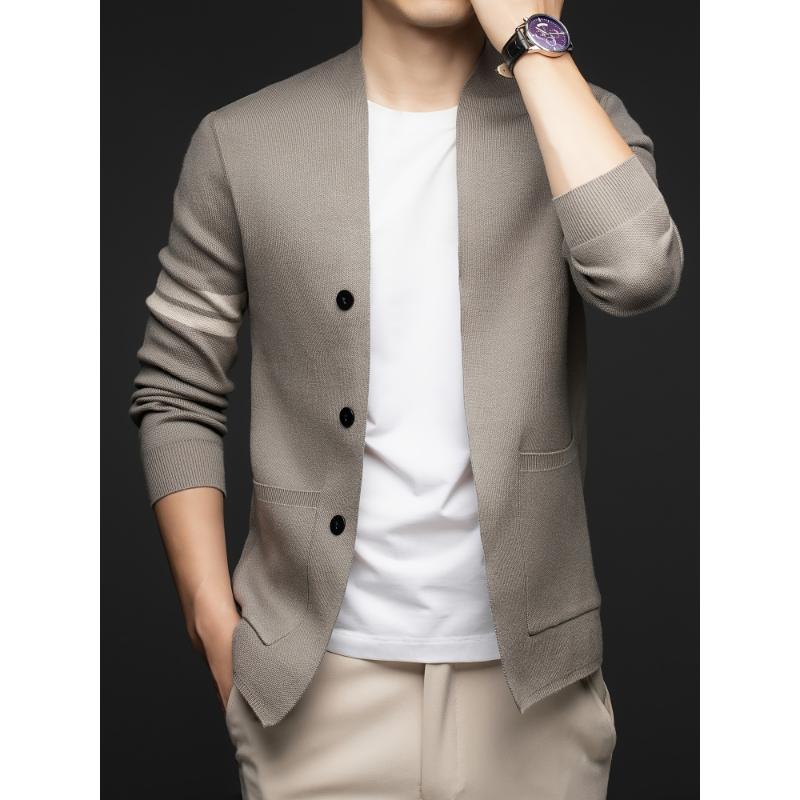 Men's Casual Cardigan Blazer - Polyester Blend Knit Fabric, Lapel Collar with Button Details, Regular Fit, Striped Sleeves, Slight Stretch, Suitable for Spring Fall