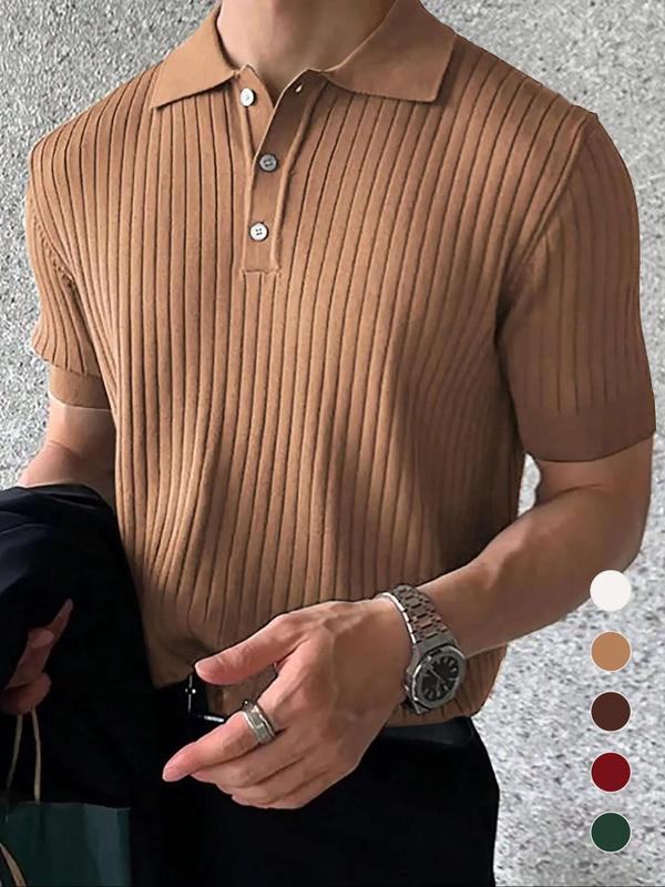 Men's Regular Fit Solid Short Sleeve Knit Polo Shirt, Summer Outfits, Casual Plain Streetwear Business Button Front Half Placket Ribbed Knit Top for Summer, Menswear, Men's Knitwear for Daily Wear, Vintage Clothing, 80s Fashion