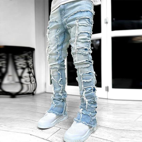 Mens Black Stacked Jeans Slim Fit Ripped Jeans Destroyed Straight Denim Pants Harajuku Hip Hop Trouser Streetwear