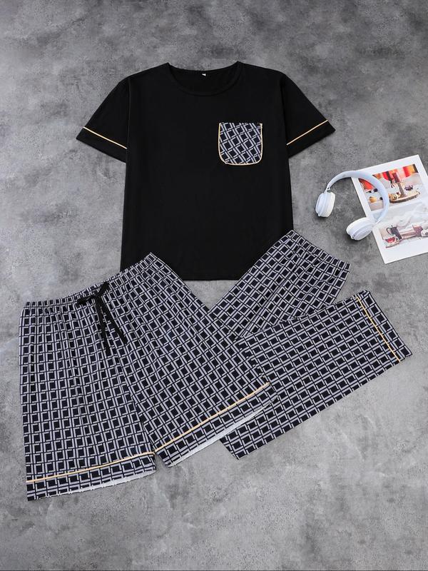 Men's Plaid Print Pocket Tee & Drawstring Waist Shorts & Pants Three-piece Set, Casual Comfy Round Neck Short Sleeve T-shirt & Shorts & Trousers Pj Set, Men's Sleepwear for All Seasons