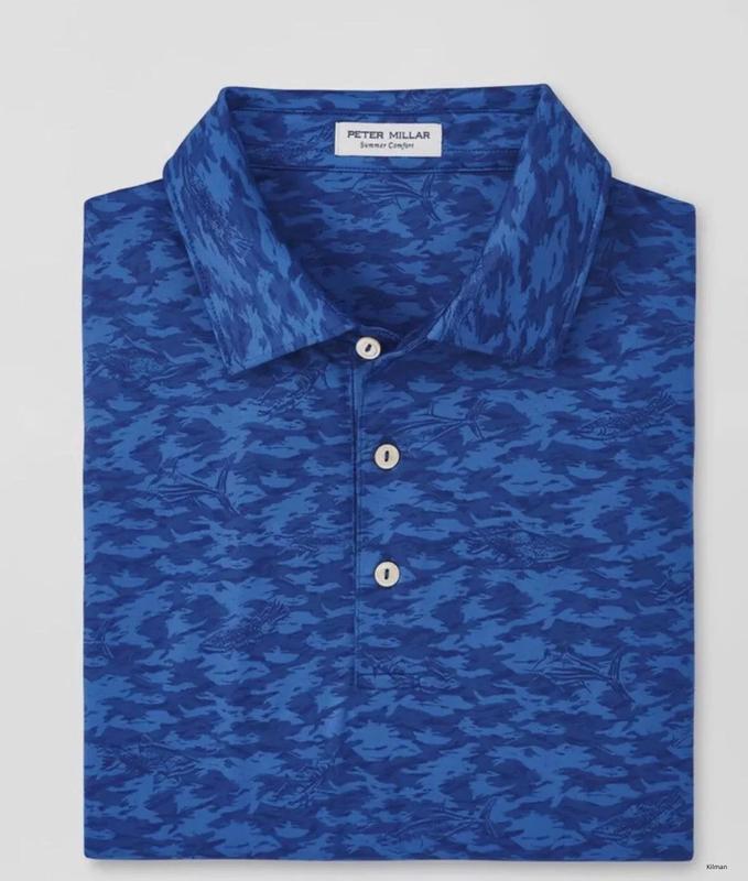 Peter Millar Summer Comfort Polo Shirt Golf Fish Camo Performance Blue Large NWT