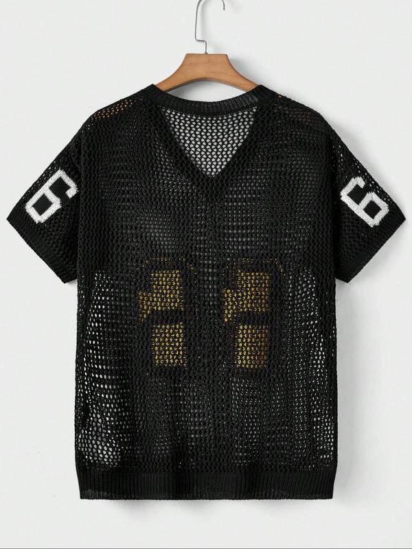 Men's Figure Print Hollow Out Drop Shoulder Knit Top, Casual Loose Number Print V Neck Short Sleeve Knitwear for Summer, Fashion Men's Knit Clothing for Daily Wear