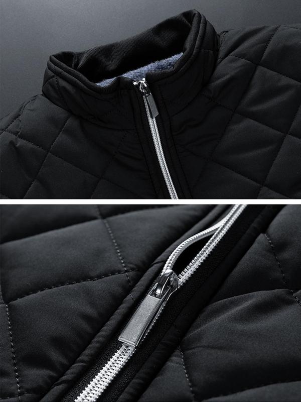 Men's Plain Quilted Zip Up Pocket Winter Coat, Regular Fit Casual Long Sleeve Stand Collar Outerwear for Winter, Men's Clothing, Men's Clothes for Daily Wear Winter Jacket