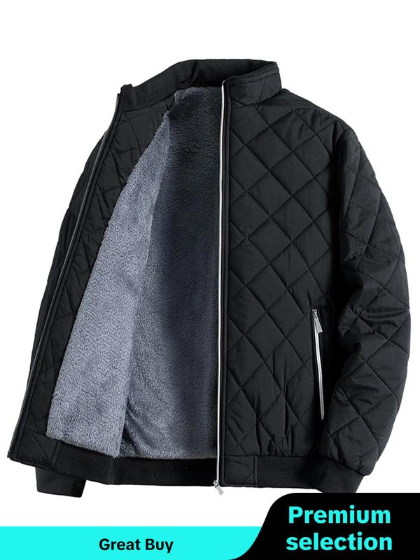 Men's Plain Quilted Zip Up Pocket Winter Coat, Regular Fit Casual Long Sleeve Stand Collar Outerwear for Winter, Men's Clothing, Men's Clothes for Daily Wear Winter Jacket