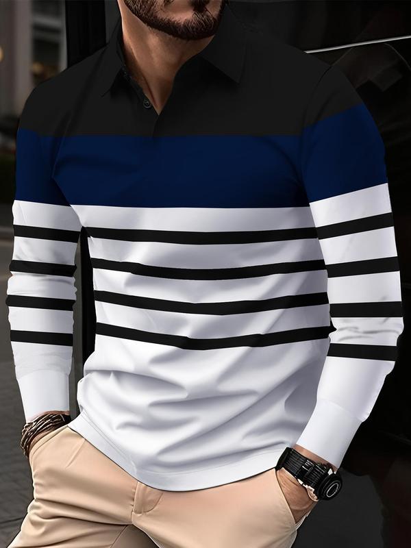 Men's Colorblock Striped Print Polo Shirt, Regular Fit Casual Long Sleeve Button Top for Fall & Winter, Men's Clothes for Daily Wear