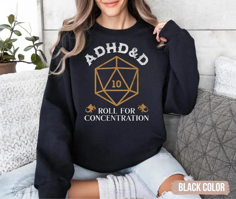 ADHD&D Roll for Concentration Sweatshirt, Dungeons and Dragons Dnd T-shirt, DnD Vintage Tee, ADHD Unisex shirt, DnD Shirt, RPG Gift, Dungeons Master Sweatshirt