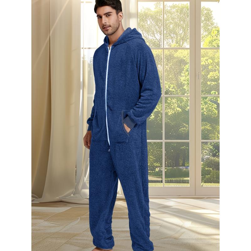 Men's Cozy Fleece-Lined Hooded Zip-Up Onesie Pajamas - Casual, Machine Washable, Solid Color Sleepwear Loungewear Menswear