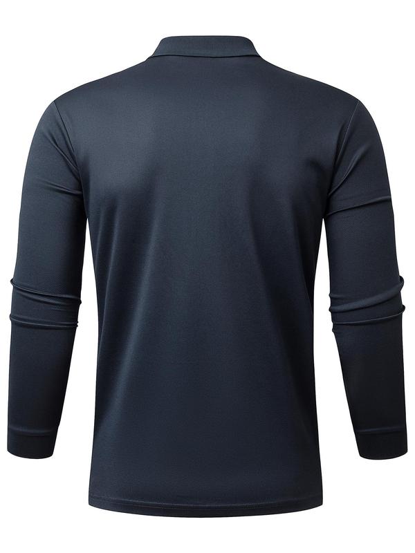 Men's Solid Long Sleeve Sports Polo Shirt, Casual Breathable Quick Drying Collared Top for Golf Outdoor Sports, Men's Sportswear for Fall & Winter