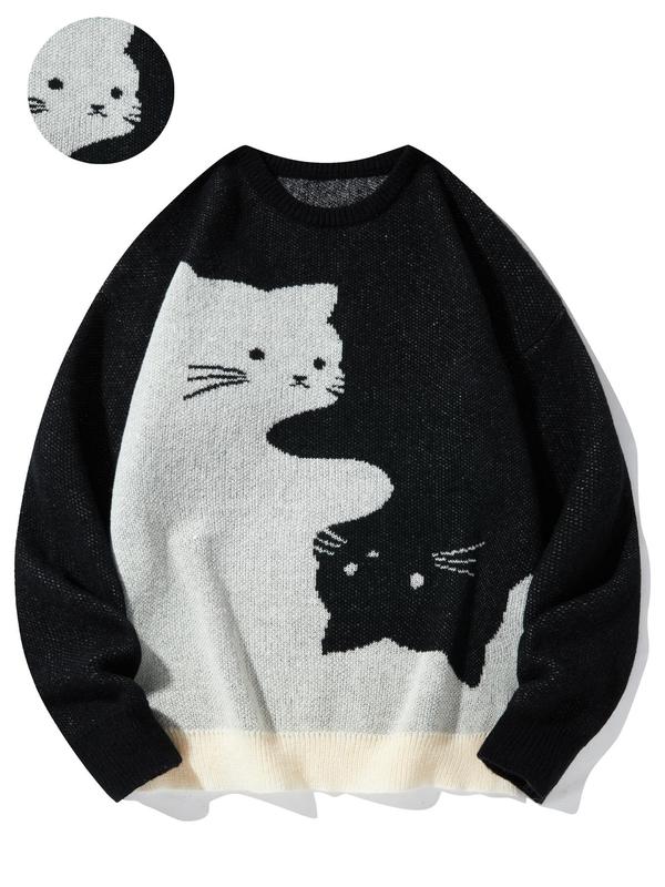 Men's Cartoon Cat Print Round Neck Sweater, Regular Fit Casual Long Sleeve Crew Neck Jumper for Fall & Winter, Fashion Men's Knitwear for Daily Wear