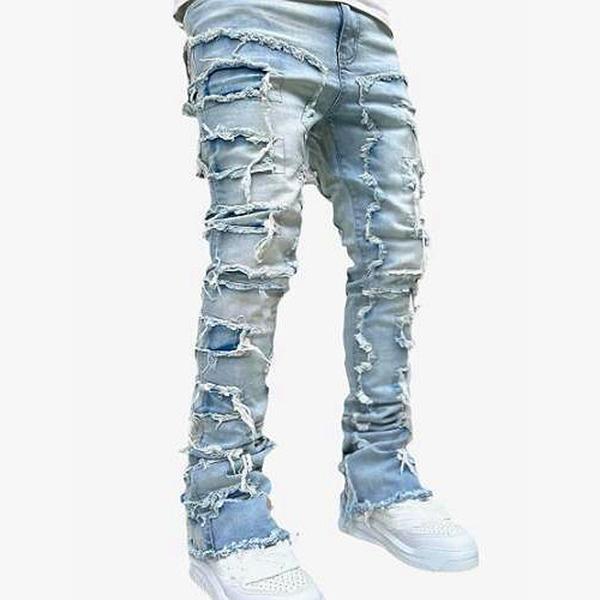 Mens Black Stacked Jeans Slim Fit Ripped Jeans Destroyed Straight Denim Pants Harajuku Hip Hop Trouser Streetwear