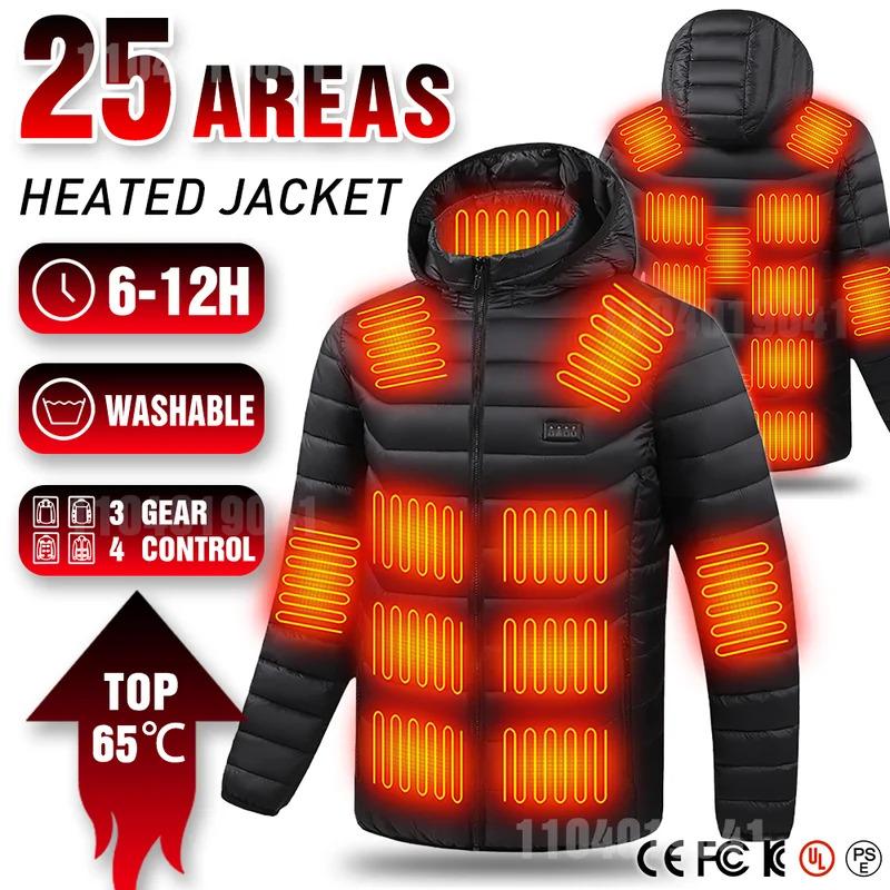 25 Areas Heated Cotton Clothes Jacket USB Heating Jacket Warm Snowfield Heated Vests Coat Hunting Hiking Camping Winter S-6XL