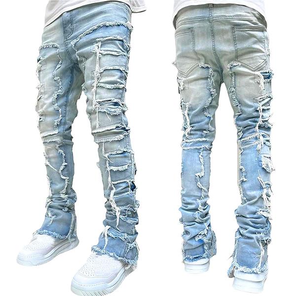 Mens Black Stacked Jeans Slim Fit Ripped Jeans Destroyed Straight Denim Pants Harajuku Hip Hop Trouser Streetwear