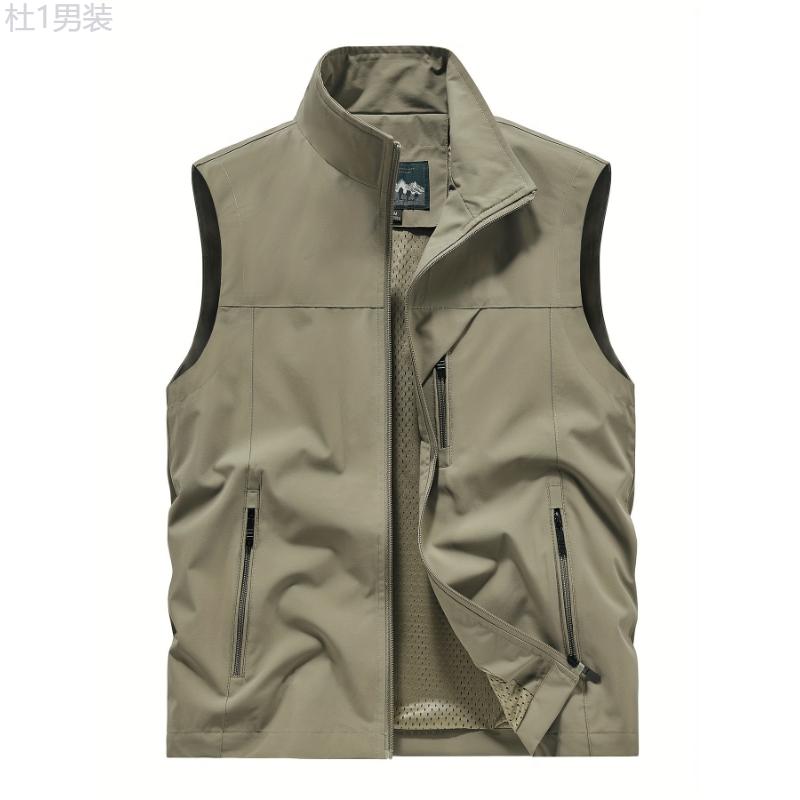 Men's Solid Sleeveless Jacket With Zipper Pockets, Active Zip Up Stand Collar Vest For Spring Summer Fall Outdoor Activities