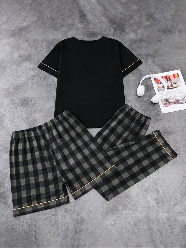 Men's Plaid Print Pocket Tee & Drawstring Waist Shorts & Pants Three-piece Set, Casual Comfy Round Neck Short Sleeve T-shirt & Shorts & Trousers Pj Set, Men's Sleepwear for All Seasons