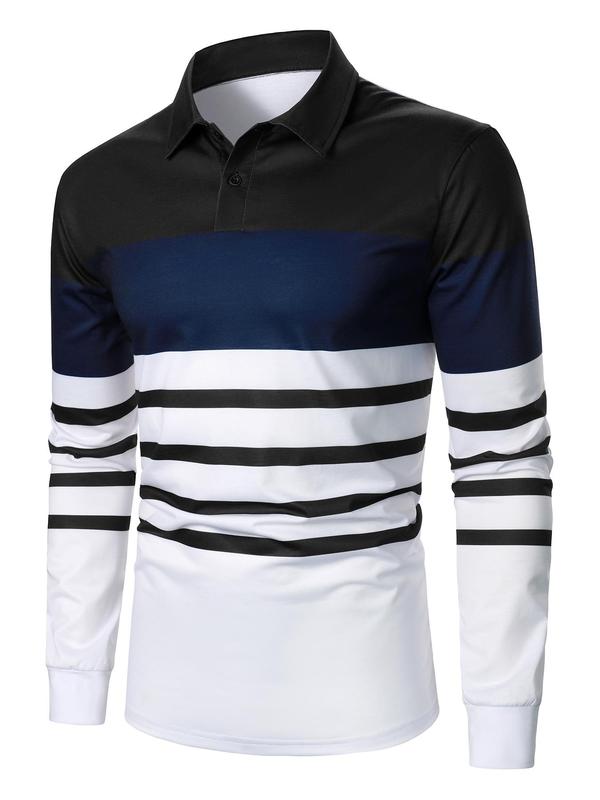 Men's Colorblock Striped Print Polo Shirt, Regular Fit Casual Long Sleeve Button Top for Fall & Winter, Men's Clothes for Daily Wear