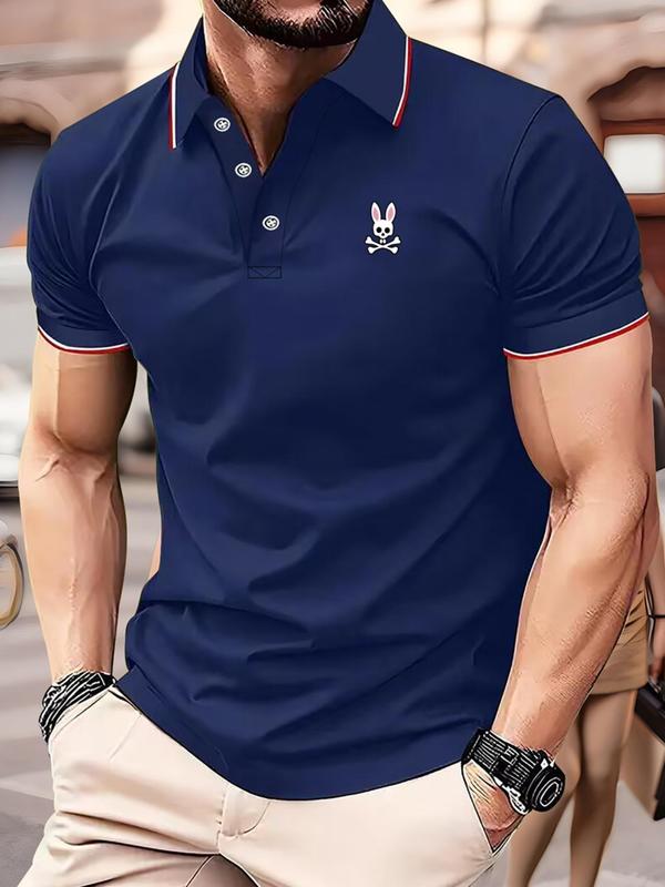 Men's Cartoon Print Polo Shirt, Regular Fit Casual Short Sleeve Button Front Top for Summer, Fashion Men's Clothes for Daily Wear