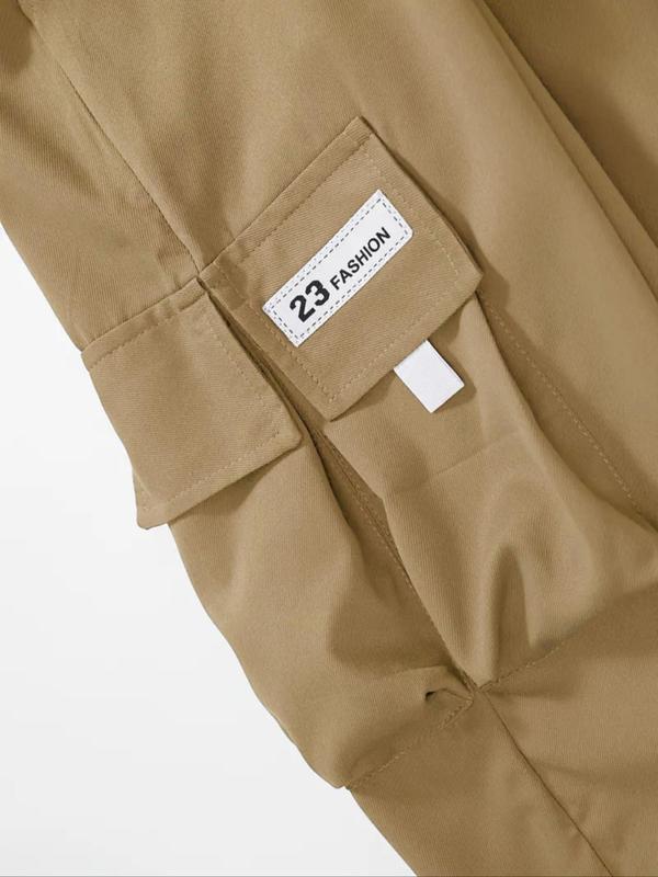  Plain Letter Patched Drawstring Waist Cargo Pants, Mens Pants, Casual Pocket Trousers for Daily Wear, Men's Bottoms for All Seasons