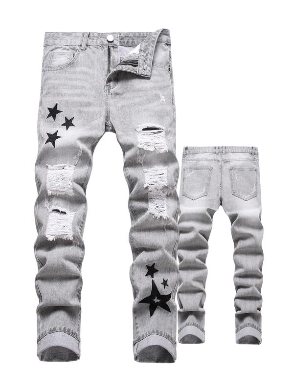 Men's Ripped Slim Fit Fashion Comfort Jeans, Menswear Denim Pants, Streetwear Straight Trousers