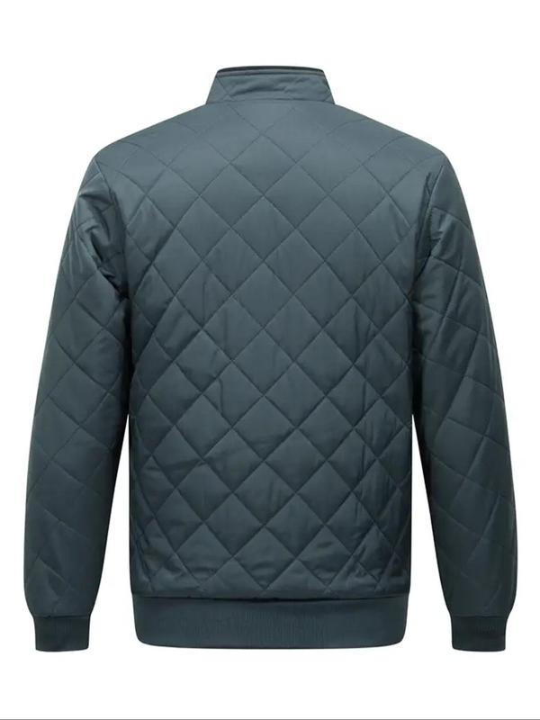 Men's Plain Quilted Zip Up Pocket Winter Coat, Regular Fit Casual Long Sleeve Stand Collar Outerwear for Winter, Men's Clothing, Men's Clothes for Daily Wear Winter Jacket