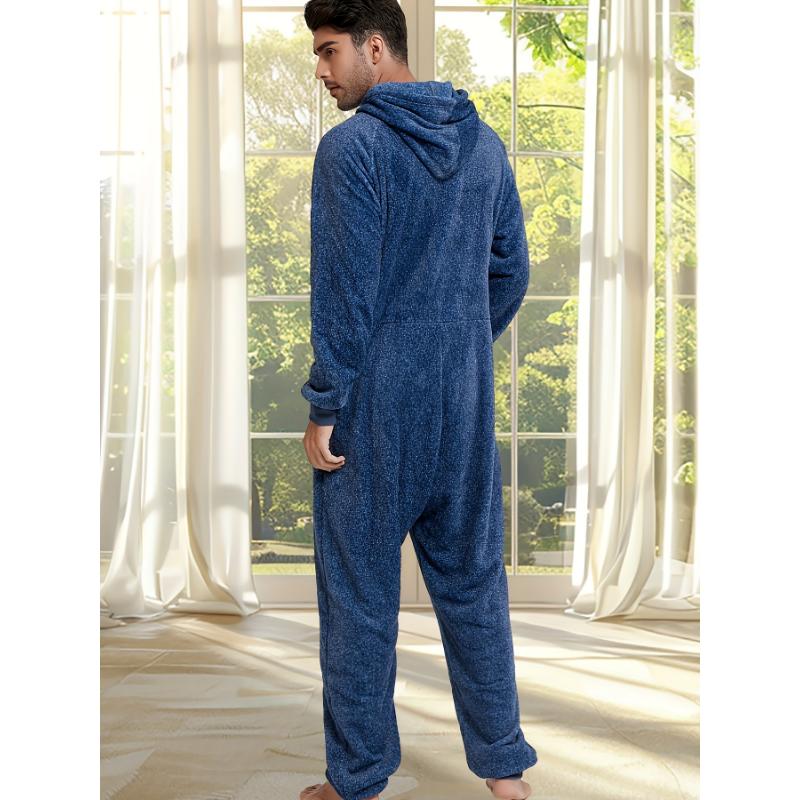 Men's Cozy Fleece-Lined Hooded Zip-Up Onesie Pajamas - Casual, Machine Washable, Solid Color Sleepwear Loungewear Menswear