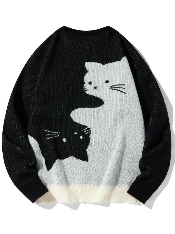 Men's Cartoon Cat Print Round Neck Sweater, Regular Fit Casual Long Sleeve Crew Neck Jumper for Fall & Winter, Fashion Men's Knitwear for Daily Wear