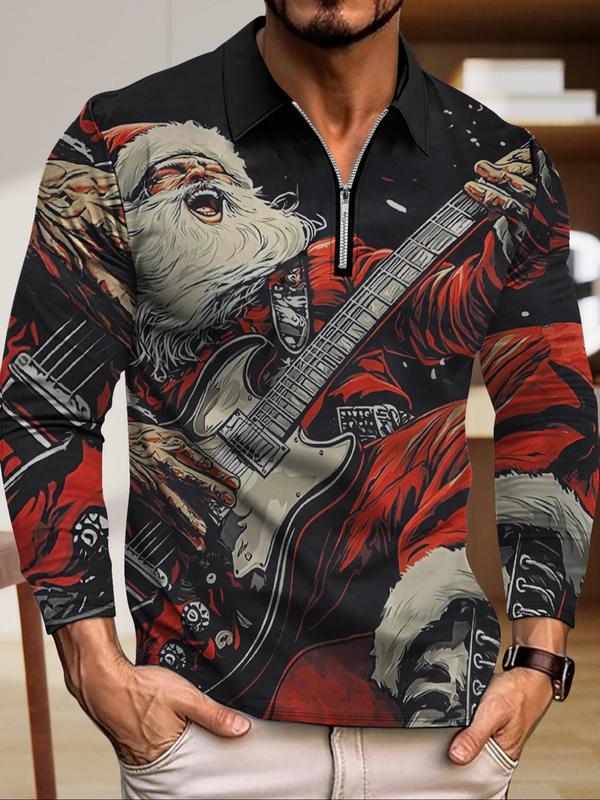 Men's Regular Fit Santa Claus & Guitar Print Zipper Polo Shirt, Casual Long Sleeve Collared Top for All Seasons, Fashion Men's Clothes for Daily Wear